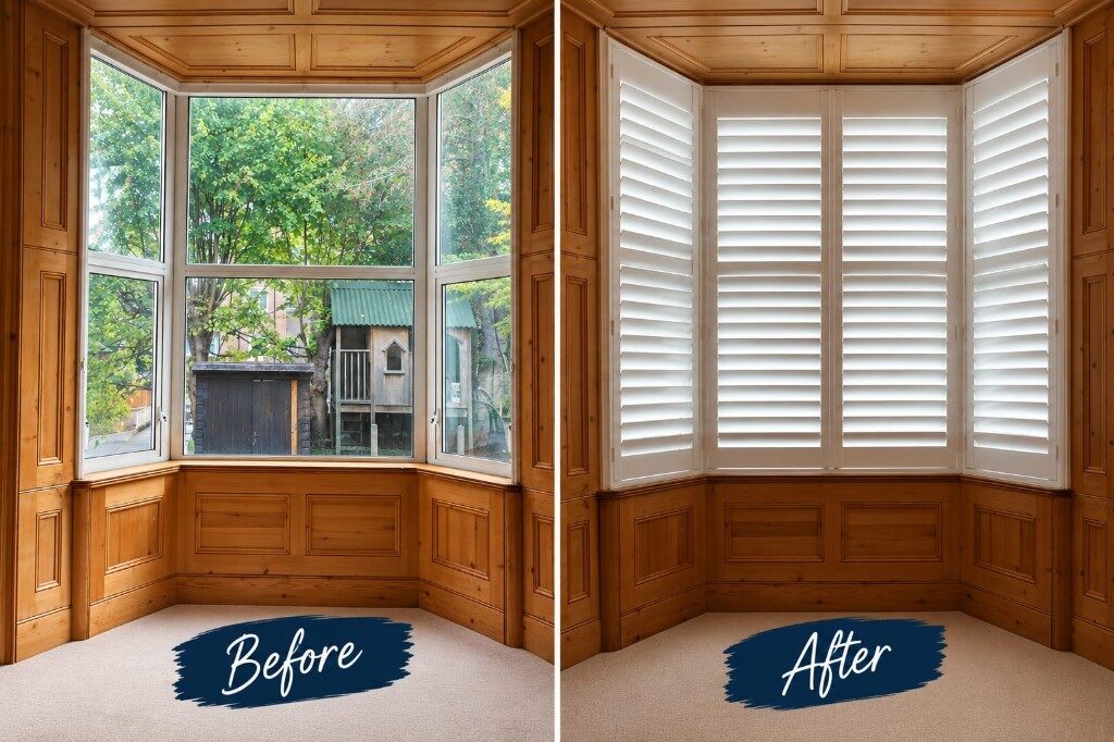 UK-Made Bay Window Shutters in Super White, Maidstone