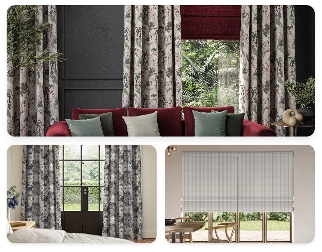A collage of bespoke fabric curtains and Roman blinds fitted by Abacus Blinds in Kent homes