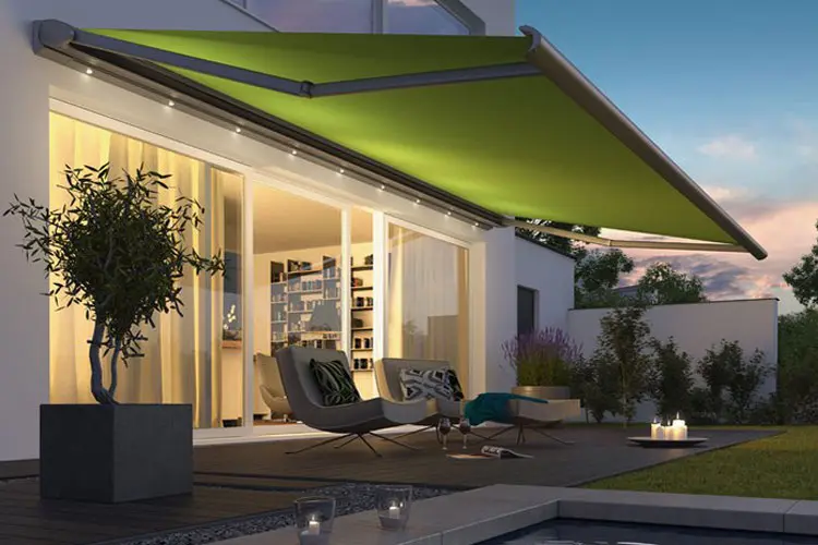 Patio awning extending over a Kent outdoor seating area